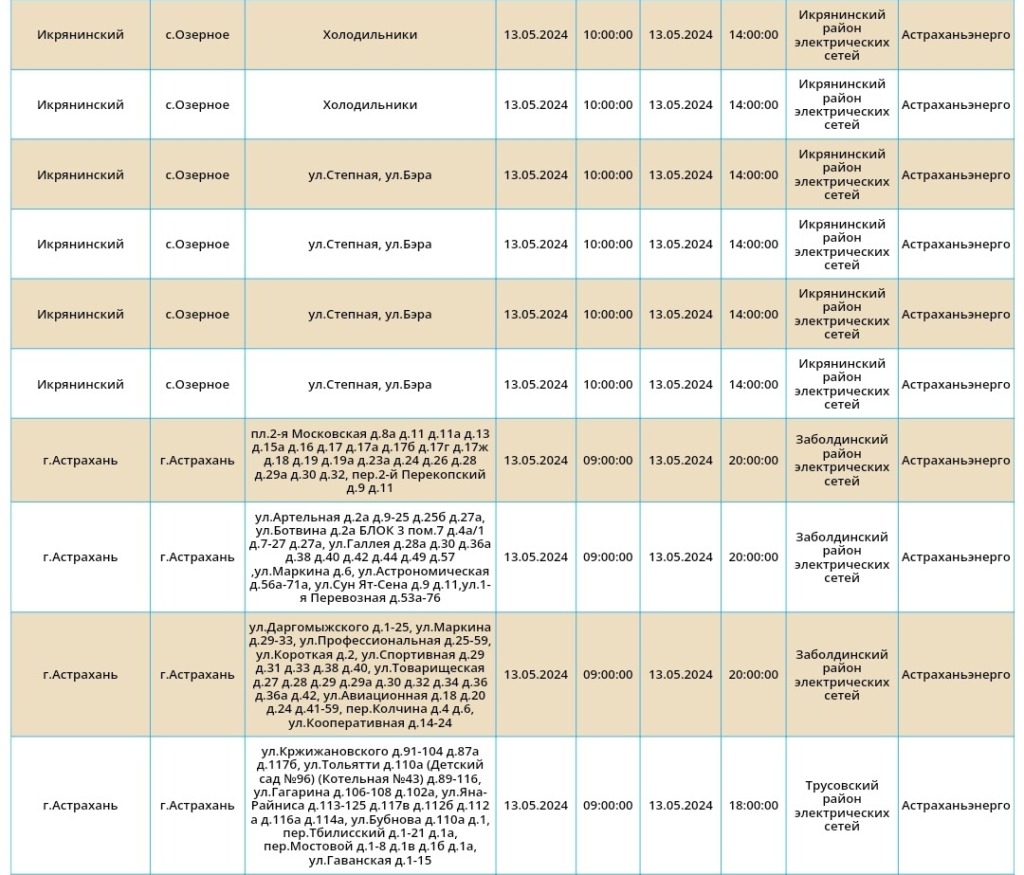 13 мая в Астрахани и одном из районов области не будет света